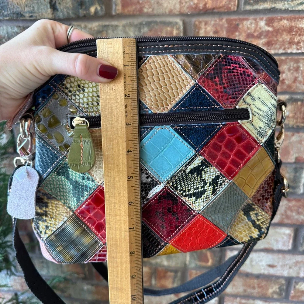 Multi Color Patchwork Leather Floral Crossbody Bag Snakeskin Embossed Rainbow